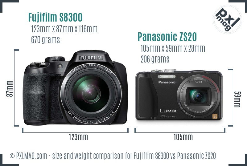 Fujifilm S8300 vs Panasonic ZS20 size comparison