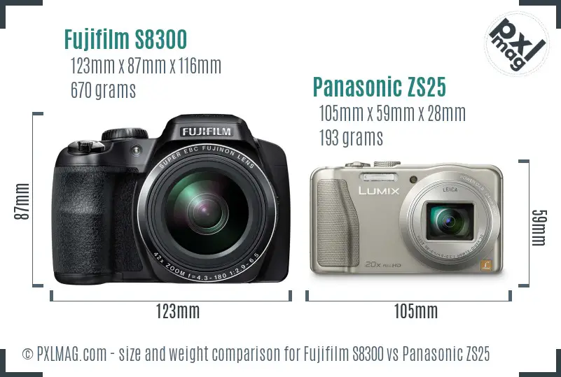 Fujifilm S8300 vs Panasonic ZS25 size comparison
