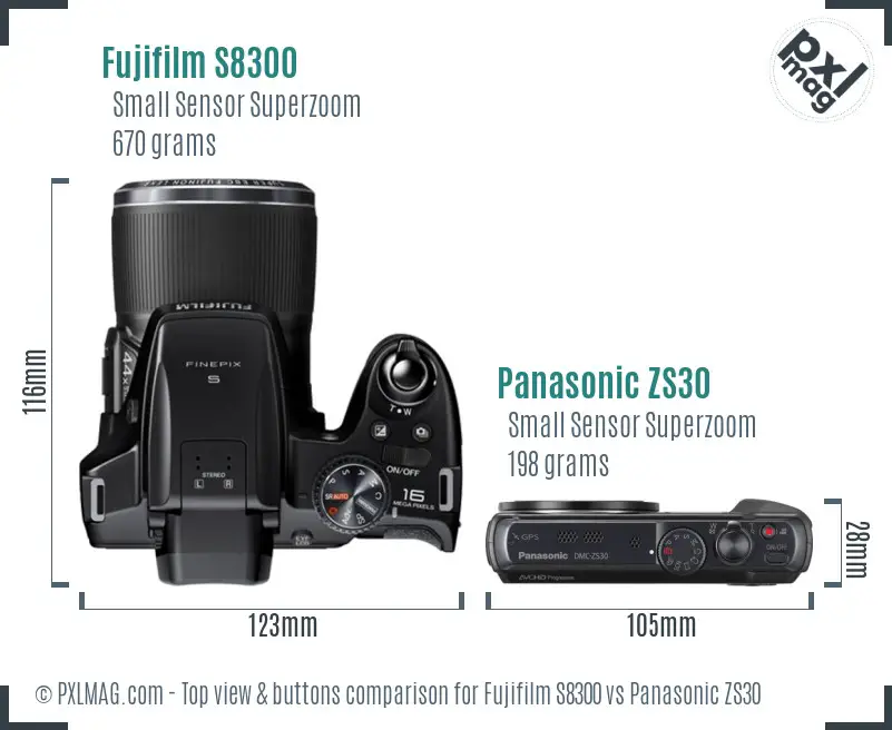 Fujifilm S8300 vs Panasonic ZS30 top view buttons comparison