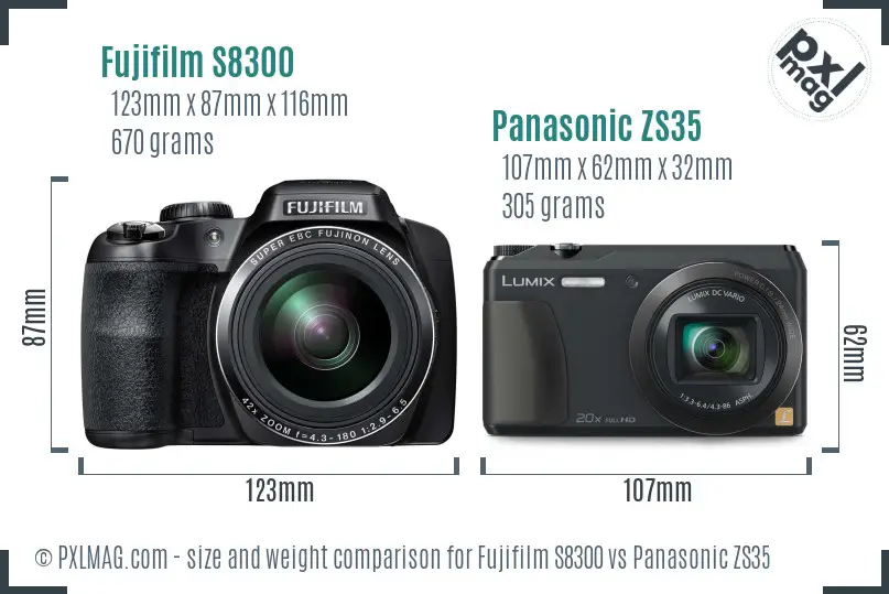 Fujifilm S8300 vs Panasonic ZS35 size comparison