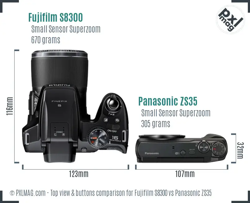 Fujifilm S8300 vs Panasonic ZS35 top view buttons comparison