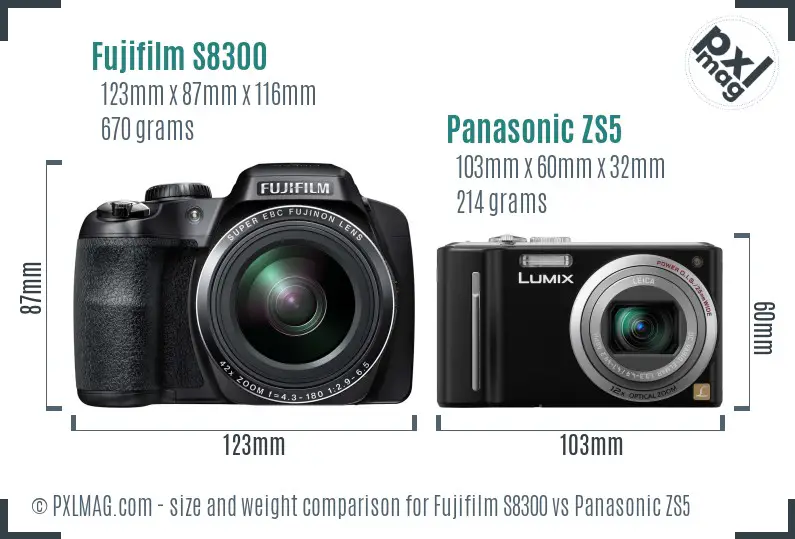 Fujifilm S8300 vs Panasonic ZS5 size comparison