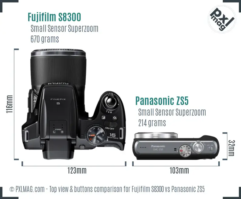 Fujifilm S8300 vs Panasonic ZS5 top view buttons comparison