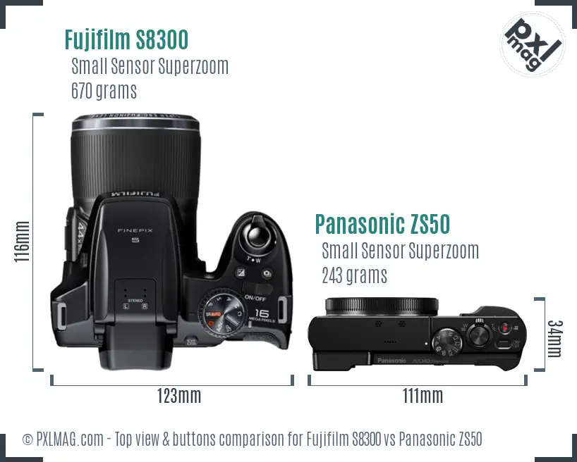 Fujifilm S8300 vs Panasonic ZS50 top view buttons comparison