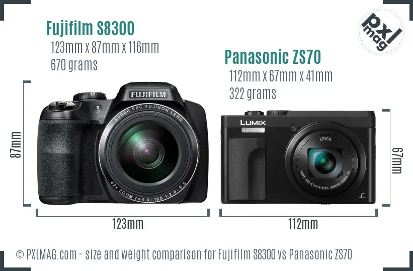 Fujifilm S8300 vs Panasonic ZS70 size comparison