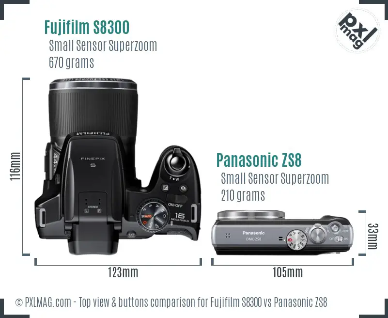 Fujifilm S8300 vs Panasonic ZS8 top view buttons comparison Fujifilm S8300 vs Panasonic ZS8 top view buttons comparison
