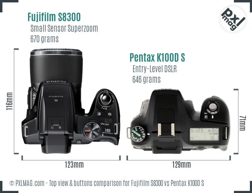 Fujifilm S8300 vs Pentax K100D S top view buttons comparison