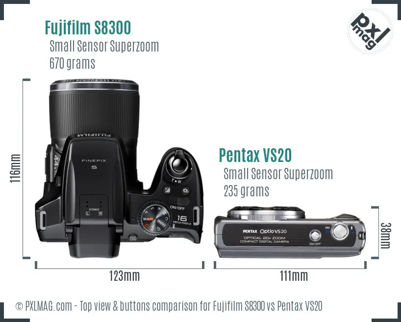 Fujifilm S8300 vs Pentax VS20 top view buttons comparison Fujifilm S8300 vs Pentax VS20 top view buttons comparison