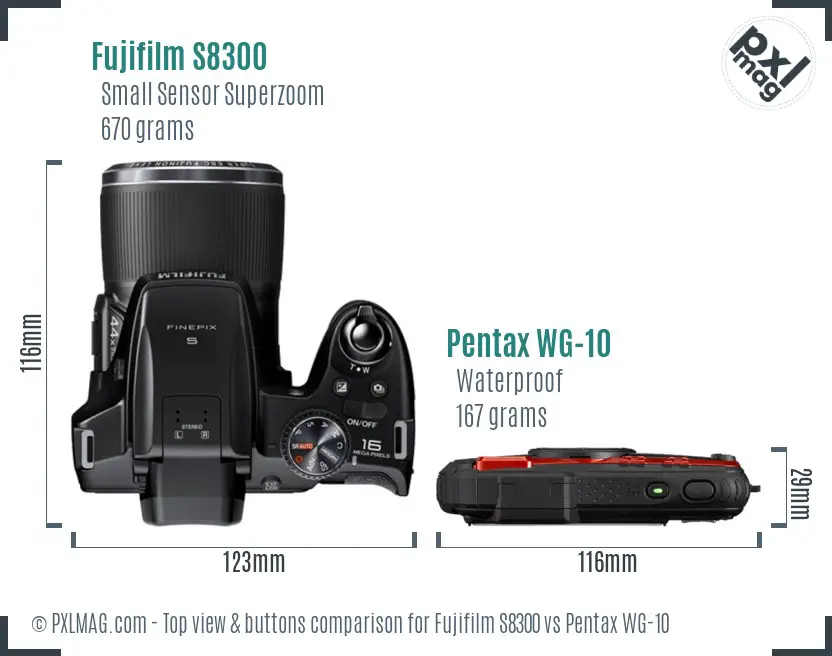 Fujifilm S8300 vs Pentax WG-10 top view buttons comparison
