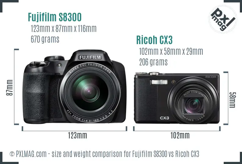 Fujifilm S8300 vs Ricoh CX3 size comparison