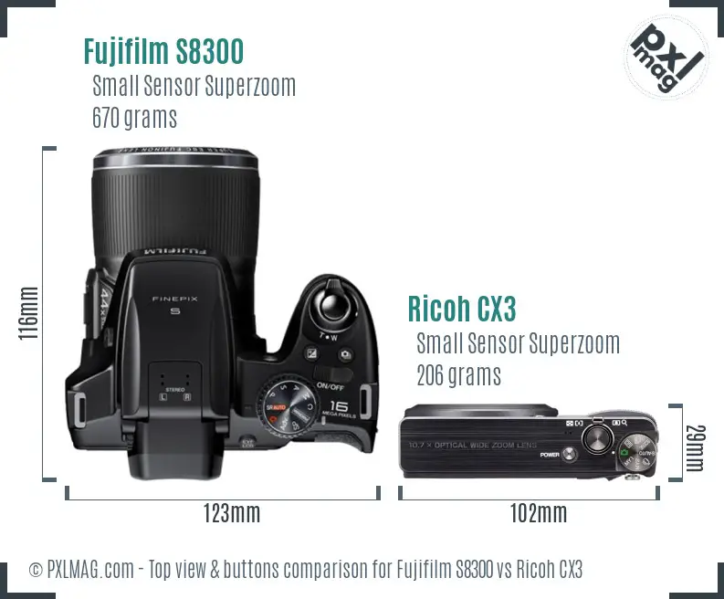 Fujifilm S8300 vs Ricoh CX3 top view buttons comparison