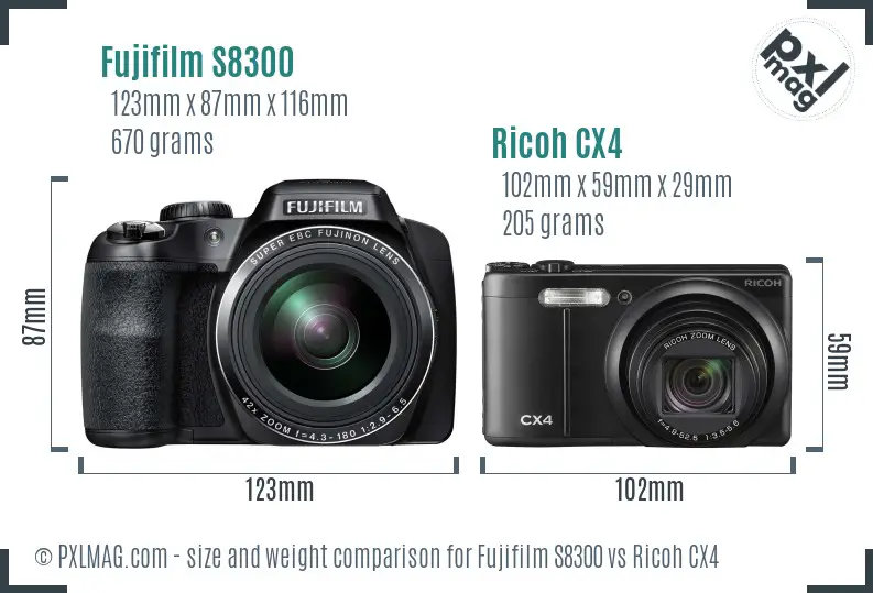 Fujifilm S8300 vs Ricoh CX4 size comparison