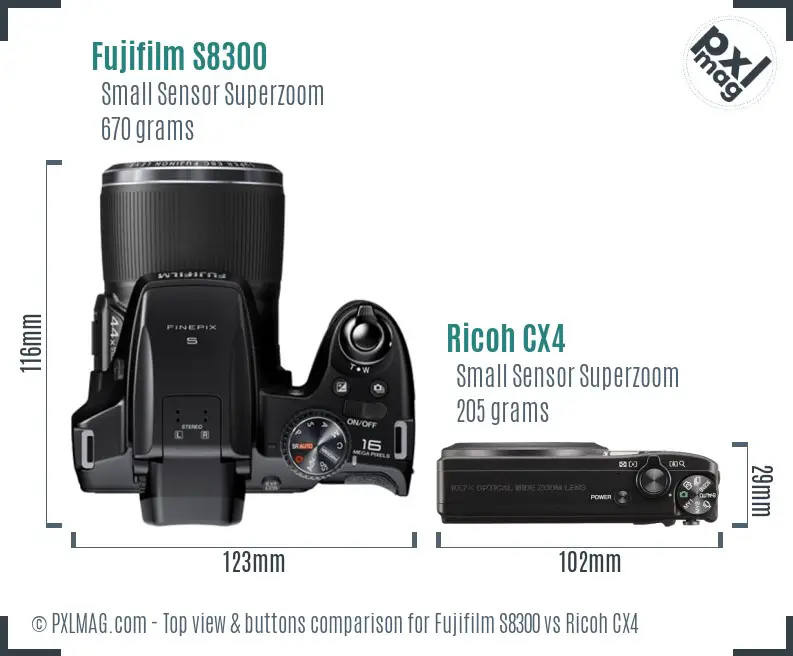 Fujifilm S8300 vs Ricoh CX4 top view buttons comparison