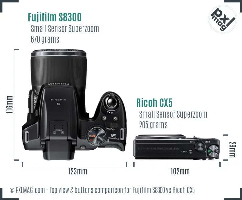 Fujifilm S8300 vs Ricoh CX5 top view buttons comparison Fujifilm S8300 vs Ricoh CX5 top view buttons comparison