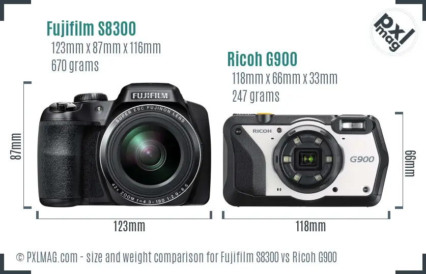 Fujifilm S8300 vs Ricoh G900 size comparison