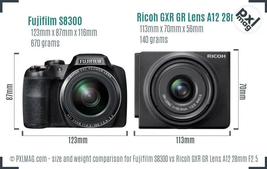 Fujifilm S8300 vs Ricoh GXR GR Lens A12 28mm F2.5 size comparison Fujifilm S8300 vs Ricoh GXR GR Lens A12 28mm F2.5 size comparison