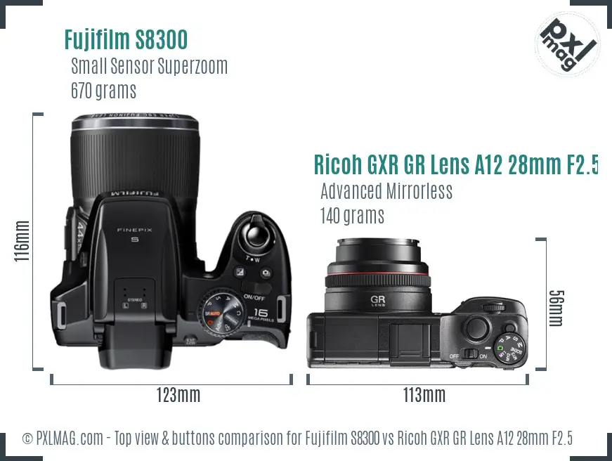 Fujifilm S8300 vs Ricoh GXR GR Lens A12 28mm F2.5 top view buttons comparison Fujifilm S8300 vs Ricoh GXR GR Lens A12 28mm F2.5 top view buttons comparison