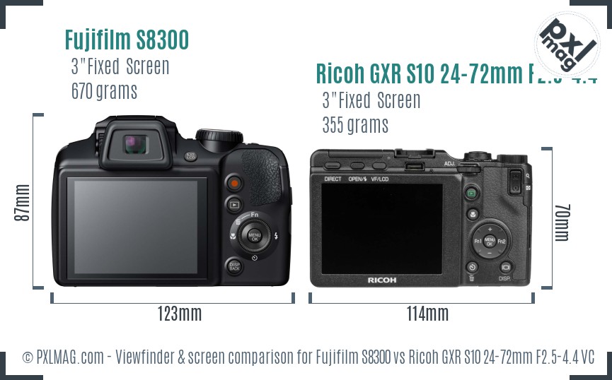 Fujifilm S8300 vs Ricoh GXR S10 24-72mm F2.5-4.4 VC Screen and Viewfinder comparison