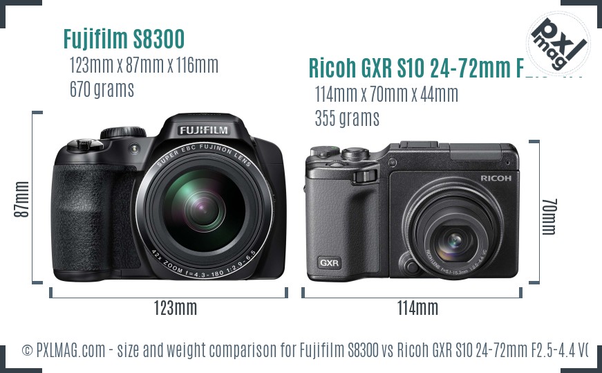 Fujifilm S8300 vs Ricoh GXR S10 24-72mm F2.5-4.4 VC size comparison Fujifilm S8300 vs Ricoh GXR S10 24-72mm F2.5-4.4 VC size comparison