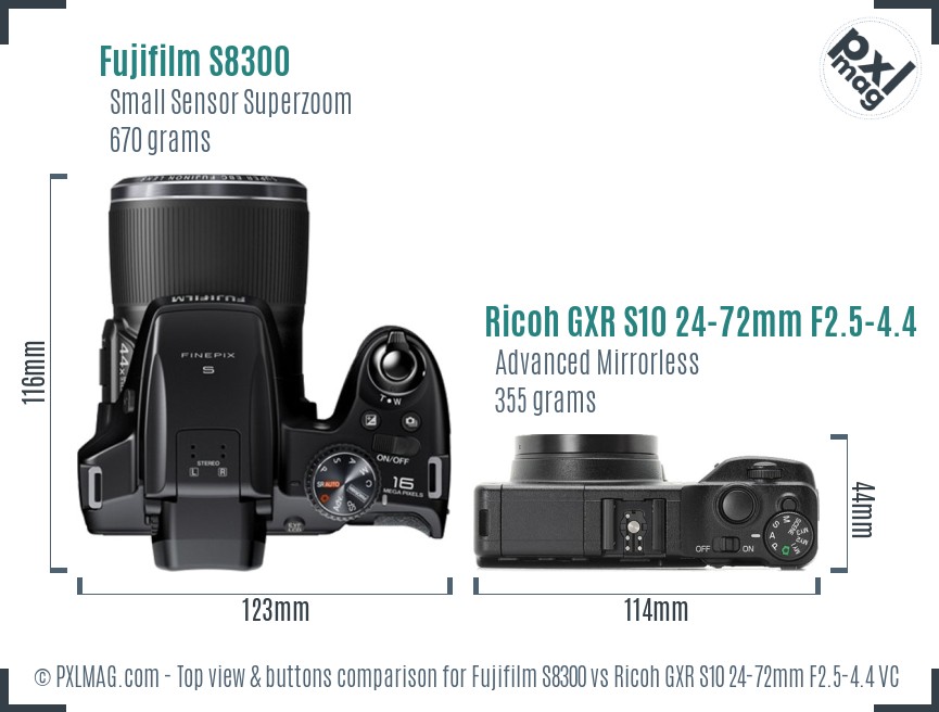 Fujifilm S8300 vs Ricoh GXR S10 24-72mm F2.5-4.4 VC top view buttons comparison
