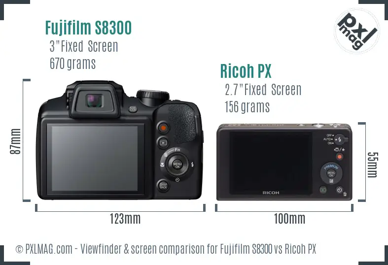 Fujifilm S8300 vs Ricoh PX Screen and Viewfinder comparison