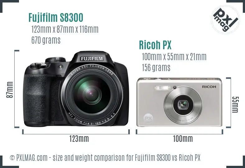 Fujifilm S8300 vs Ricoh PX size comparison