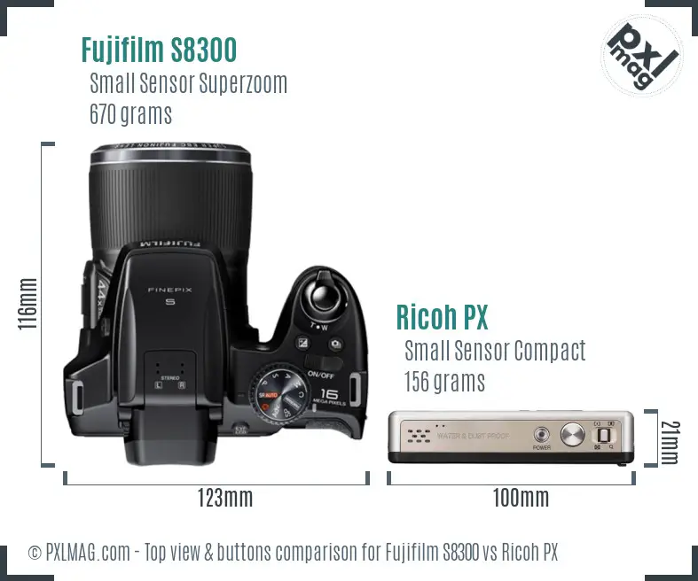 Fujifilm S8300 vs Ricoh PX top view buttons comparison