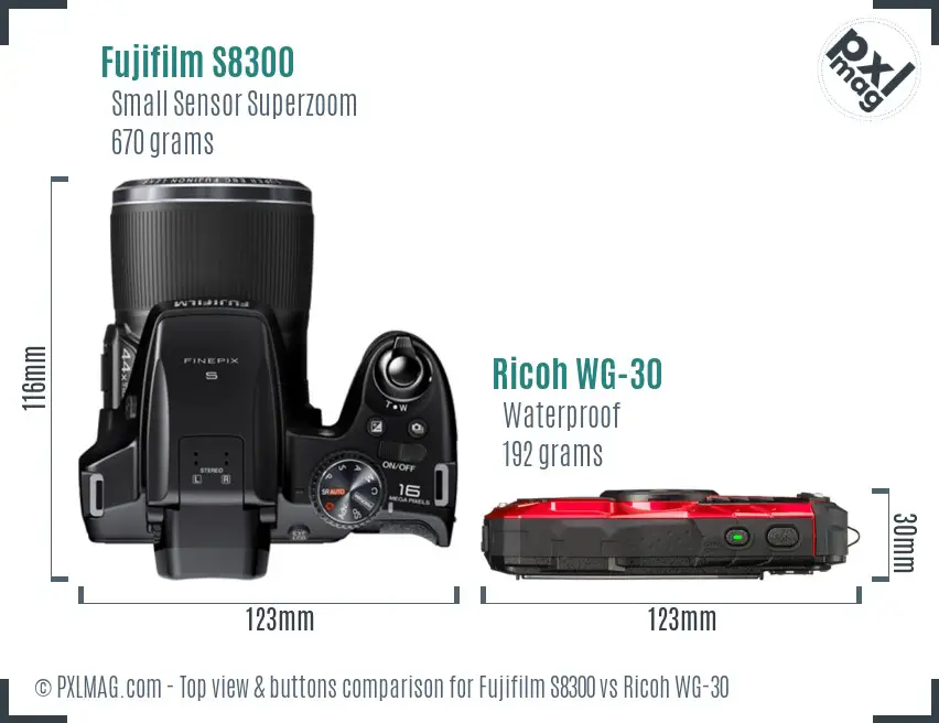 Fujifilm S8300 vs Ricoh WG-30 top view buttons comparison