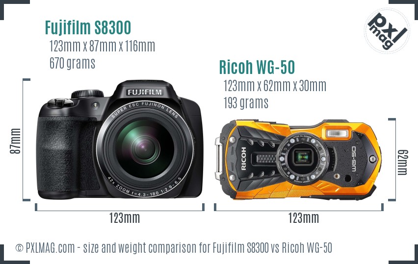 Fujifilm S8300 vs Ricoh WG-50 size comparison Fujifilm S8300 vs Ricoh WG-50 size comparison