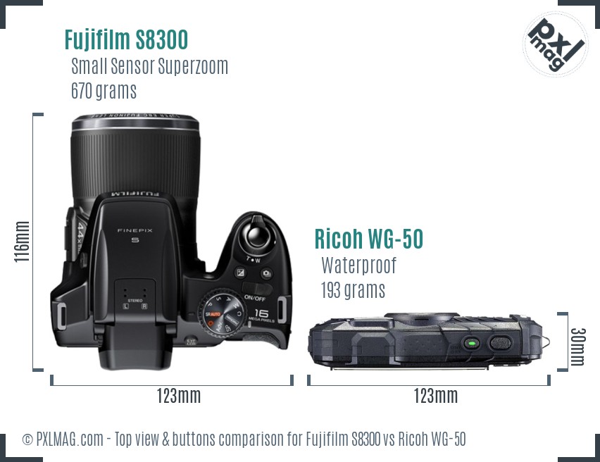 Fujifilm S8300 vs Ricoh WG-50 top view buttons comparison