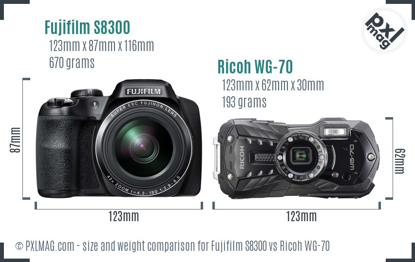 Fujifilm S8300 vs Ricoh WG-70 size comparison