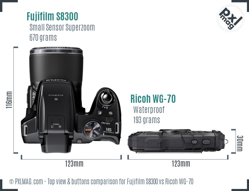 Fujifilm S8300 vs Ricoh WG-70 top view buttons comparison