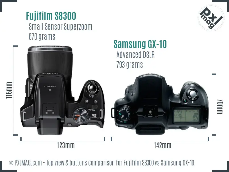 Fujifilm S8300 vs Samsung GX-10 top view buttons comparison Fujifilm S8300 vs Samsung GX-10 top view buttons comparison