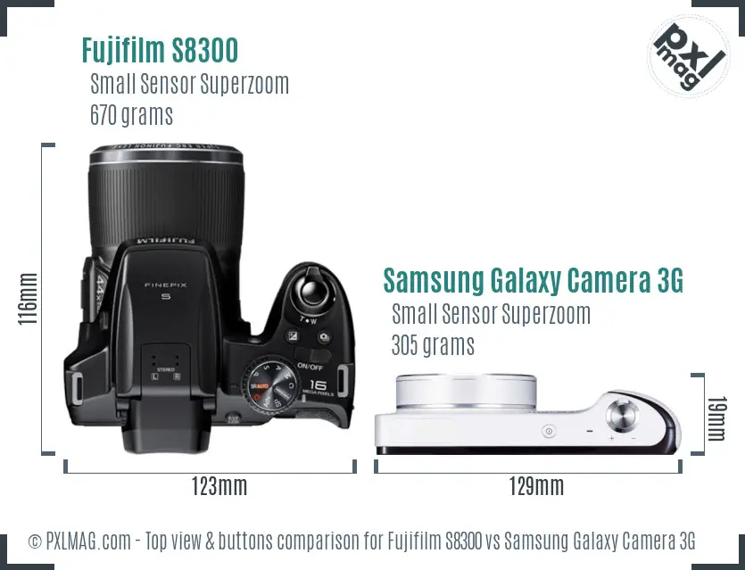 Fujifilm S8300 vs Samsung Galaxy Camera 3G top view buttons comparison Fujifilm S8300 vs Samsung Galaxy Camera 3G top view buttons comparison