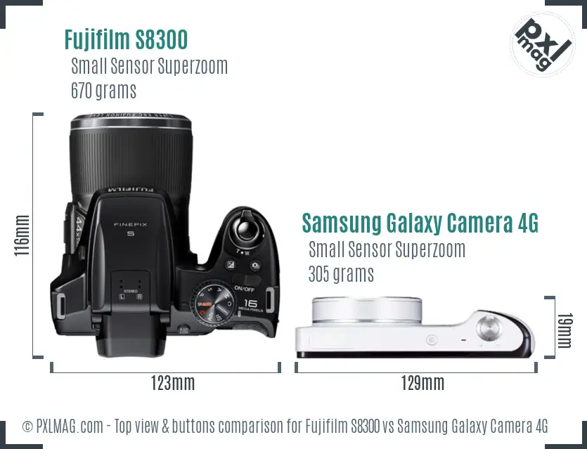 Fujifilm S8300 vs Samsung Galaxy Camera 4G top view buttons comparison Fujifilm S8300 vs Samsung Galaxy Camera 4G top view buttons comparison