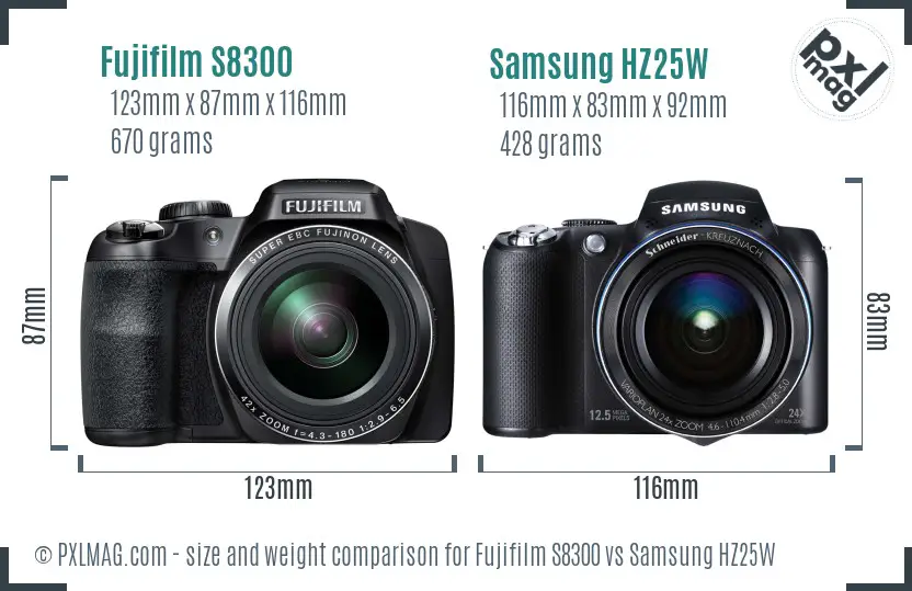 Fujifilm S8300 vs Samsung HZ25W size comparison