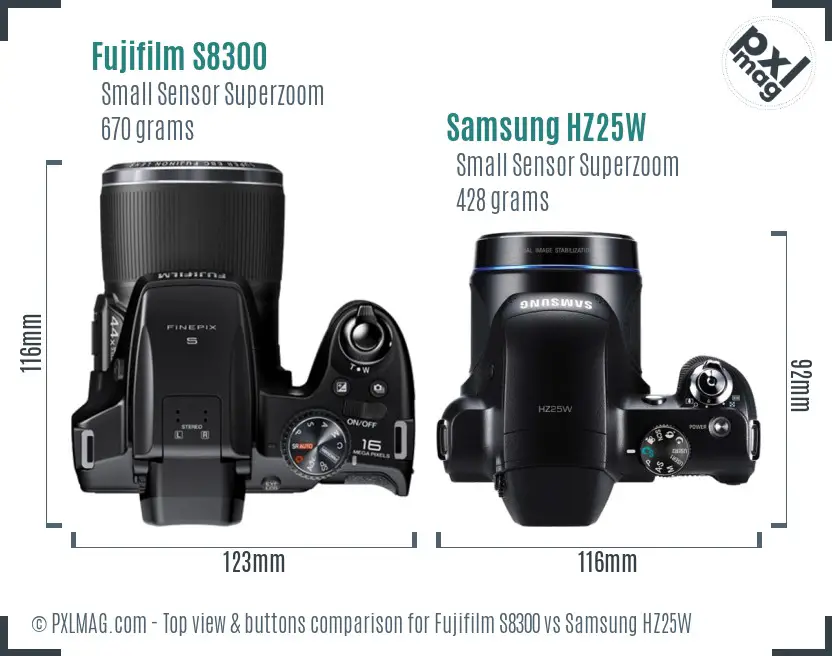 Fujifilm S8300 vs Samsung HZ25W top view buttons comparison