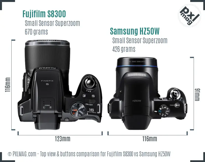 Fujifilm S8300 vs Samsung HZ50W top view buttons comparison
