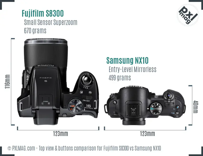 Fujifilm S8300 vs Samsung NX10 top view buttons comparison
