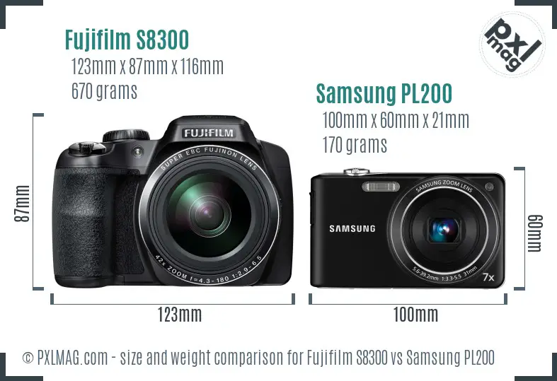 Fujifilm S8300 vs Samsung PL200 size comparison