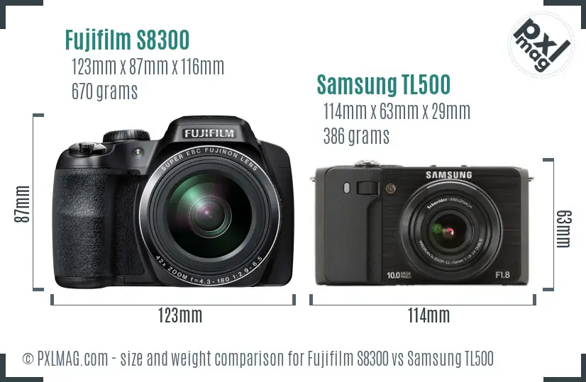 Fujifilm S8300 vs Samsung TL500 size comparison