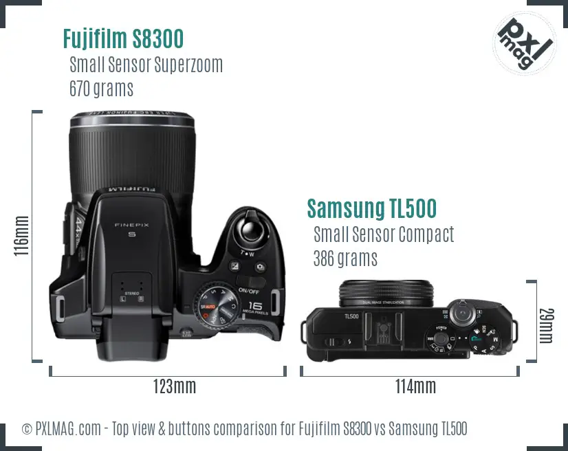 Fujifilm S8300 vs Samsung TL500 top view buttons comparison