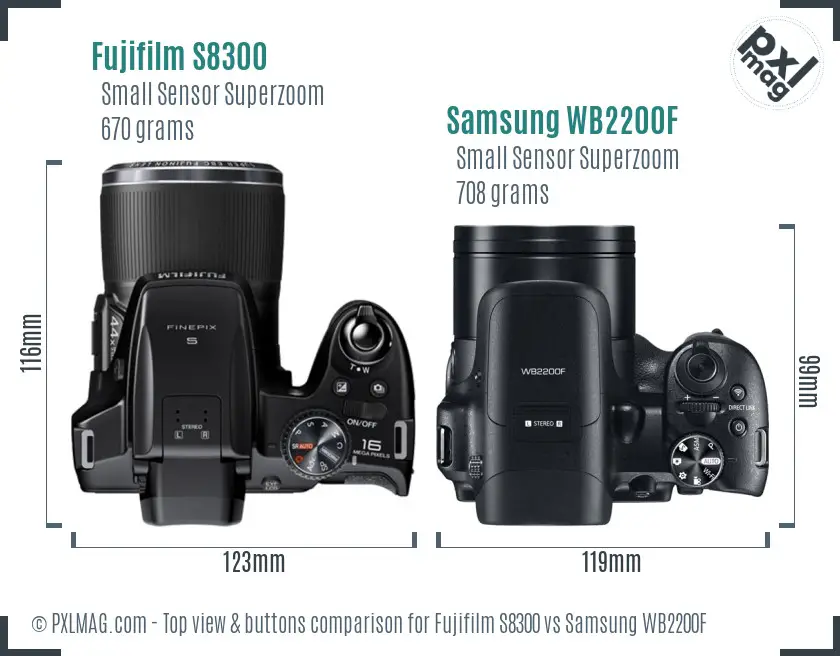 Fujifilm S8300 vs Samsung WB2200F top view buttons comparison