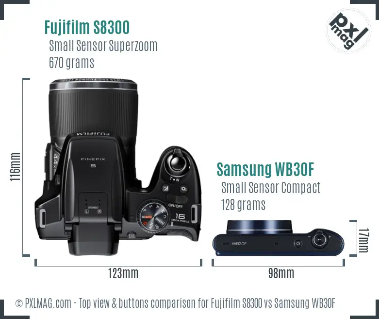 Fujifilm S8300 vs Samsung WB30F top view buttons comparison Fujifilm S8300 vs Samsung WB30F top view buttons comparison