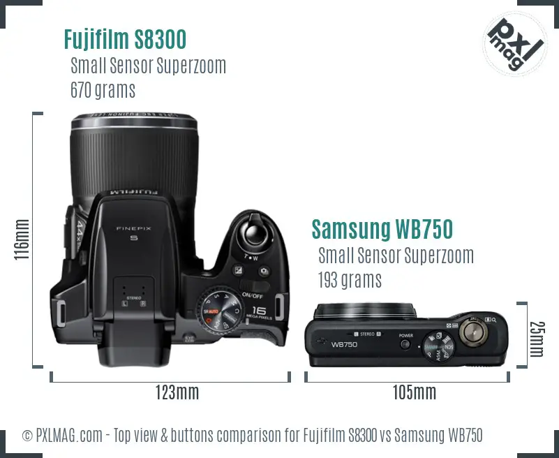 Fujifilm S8300 vs Samsung WB750 top view buttons comparison