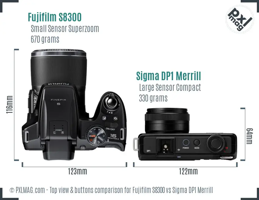 Fujifilm S8300 vs Sigma DP1 Merrill top view buttons comparison