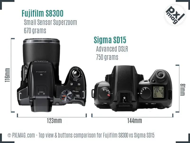 Fujifilm S8300 vs Sigma SD15 top view buttons comparison