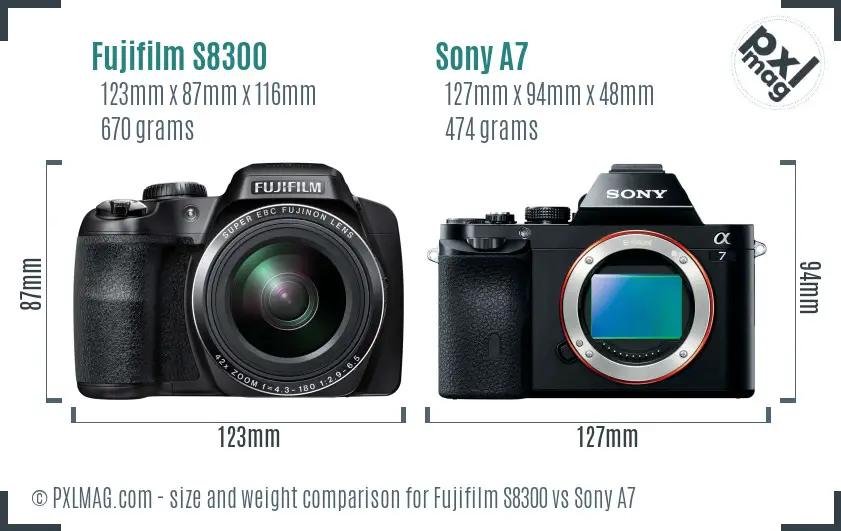 Fujifilm S8300 vs Sony A7 size comparison Fujifilm S8300 vs Sony A7 size comparison