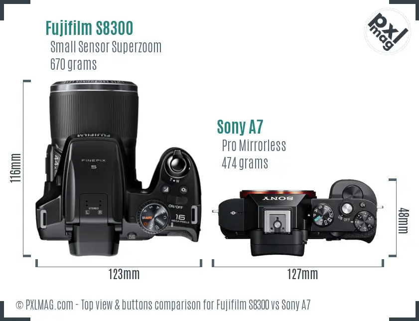 Fujifilm S8300 vs Sony A7 top view buttons comparison Fujifilm S8300 vs Sony A7 top view buttons comparison