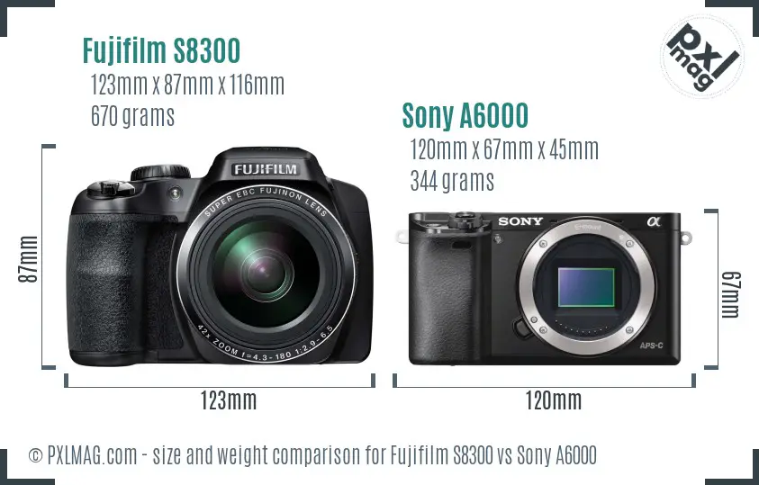 Fujifilm S8300 vs Sony A6000 size comparison